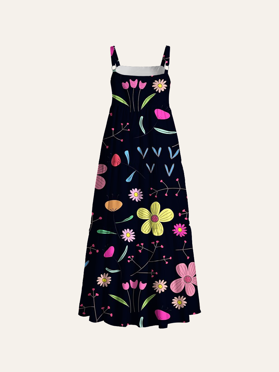 Dark Background Bright Floral Adjustable Wide Straps Maxi Dress
