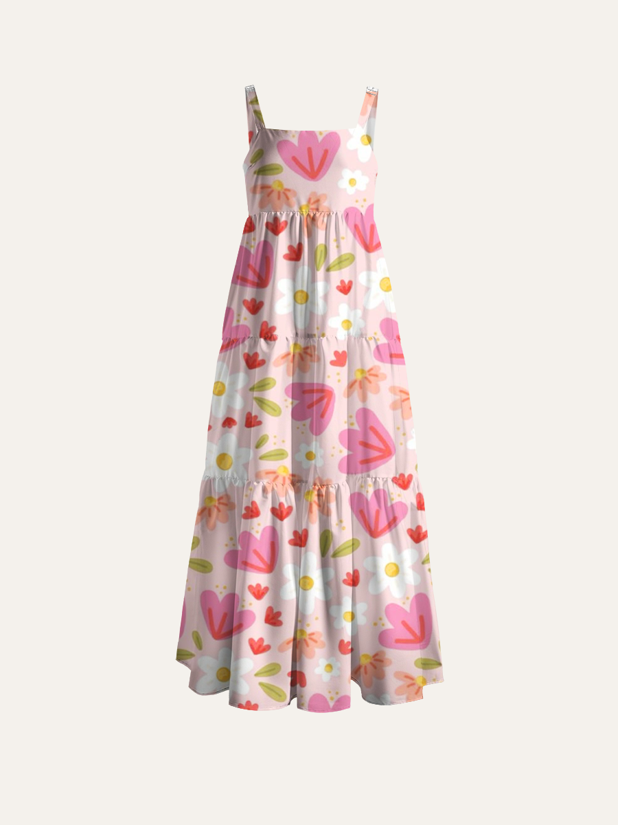 Cute Pastel Flower Adjustable Wide Straps Maxi Dress
