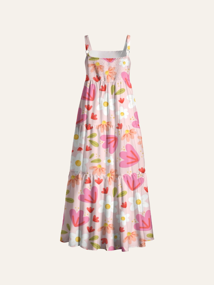 Cute Pastel Flower Adjustable Wide Straps Maxi Dress