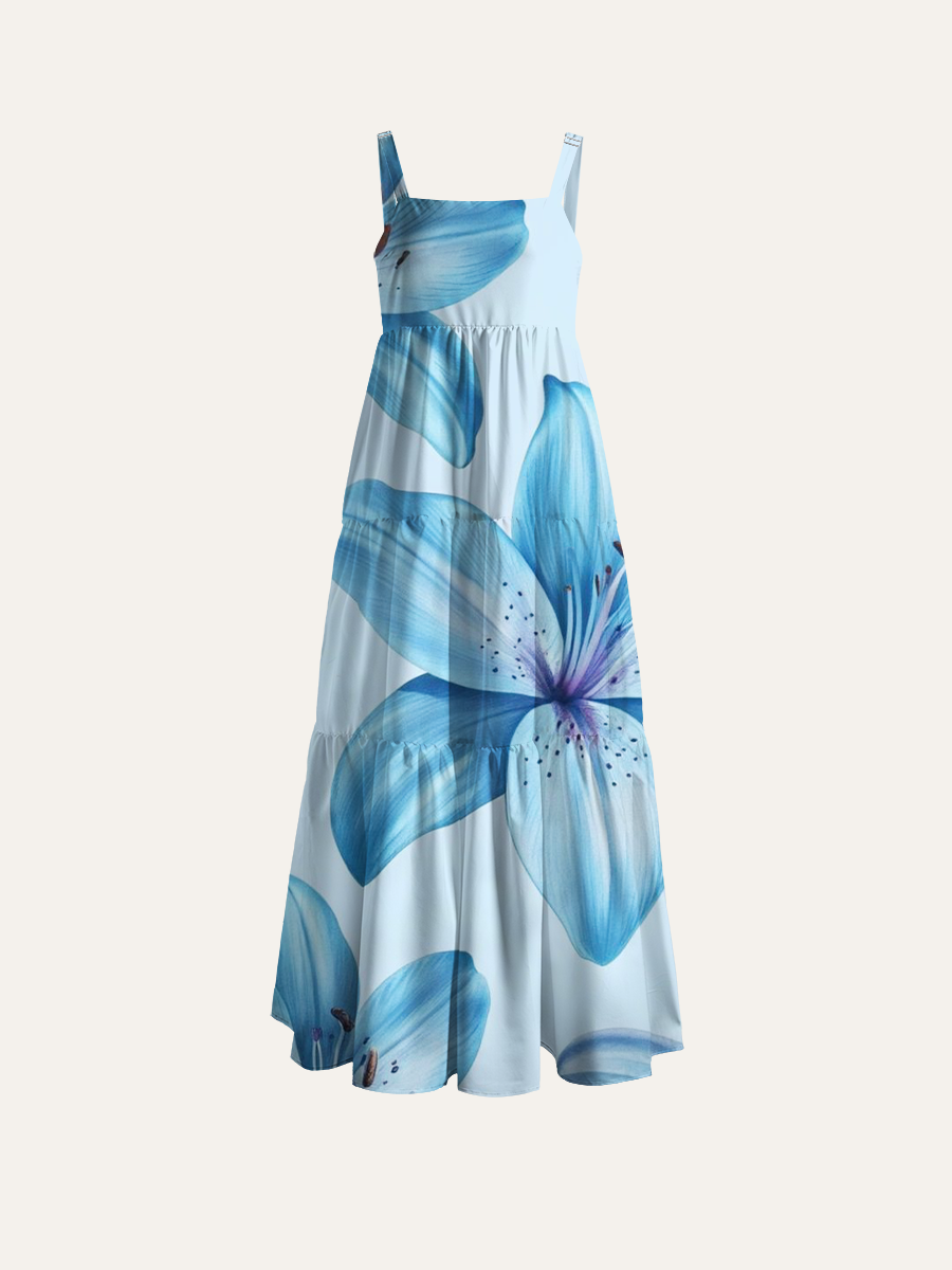 Delicate Blue Lily Adjustable Wide Straps Maxi Dress