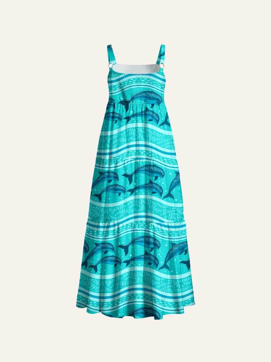 Teal Blue Dolphin Adjustable Wide Straps Maxi Dress