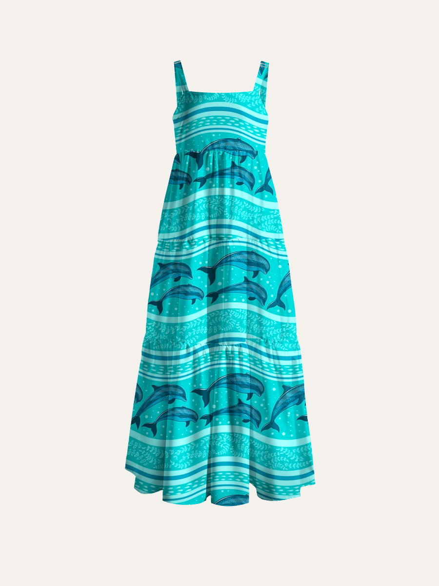 Teal Blue Dolphin Adjustable Wide Straps Maxi Dress