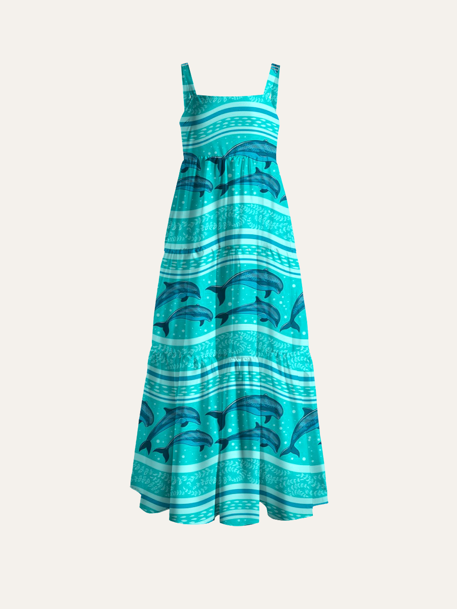 Teal Blue Dolphin Adjustable Wide Straps Maxi Dress