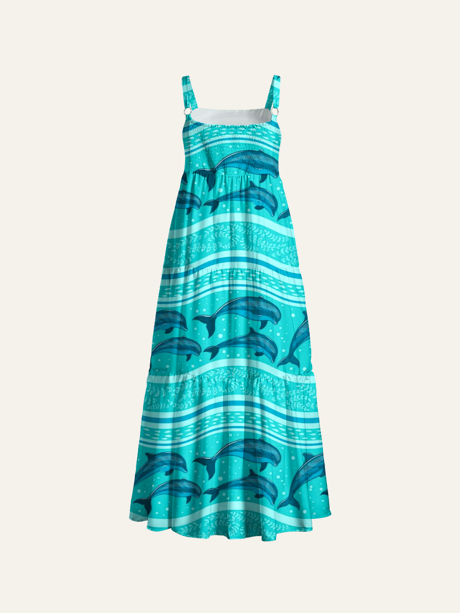 Teal Blue Dolphin Adjustable Wide Straps Maxi Dress