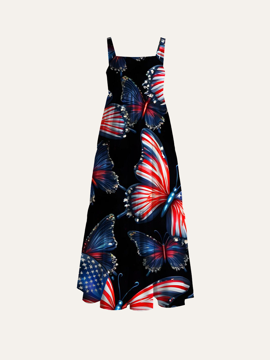 Patriotic Butterfly Adjustable Wide Straps Maxi Dress