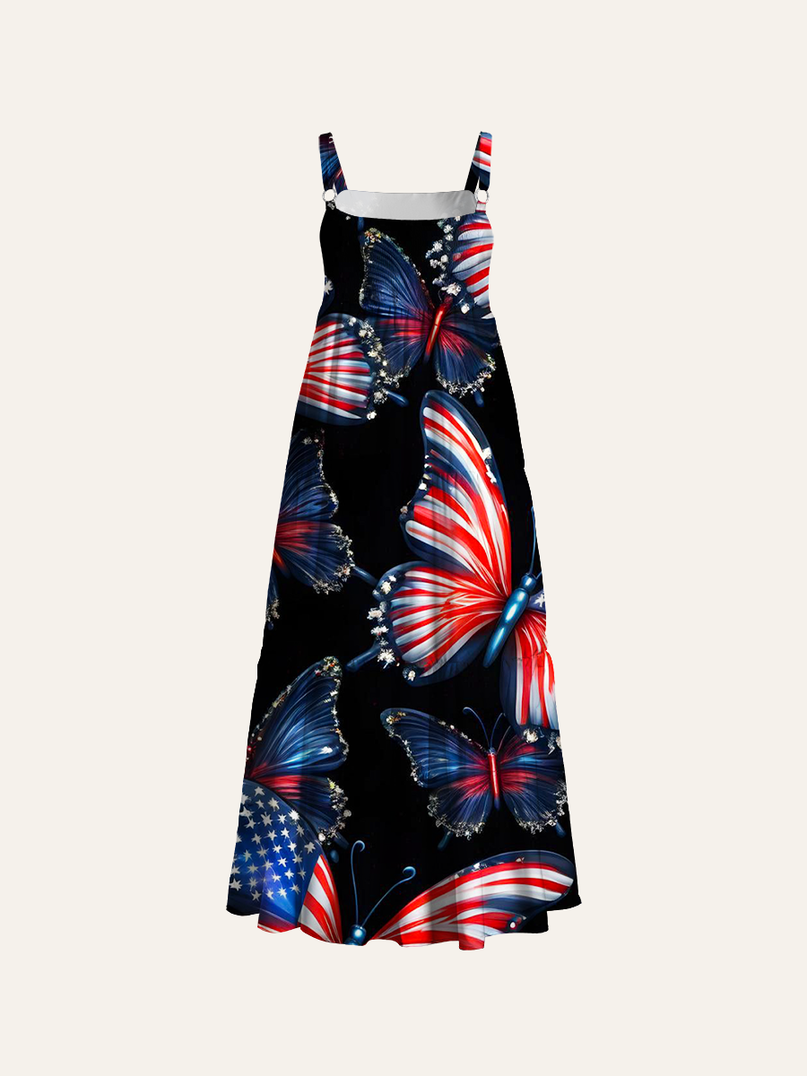 Patriotic Butterfly Adjustable Wide Straps Maxi Dress