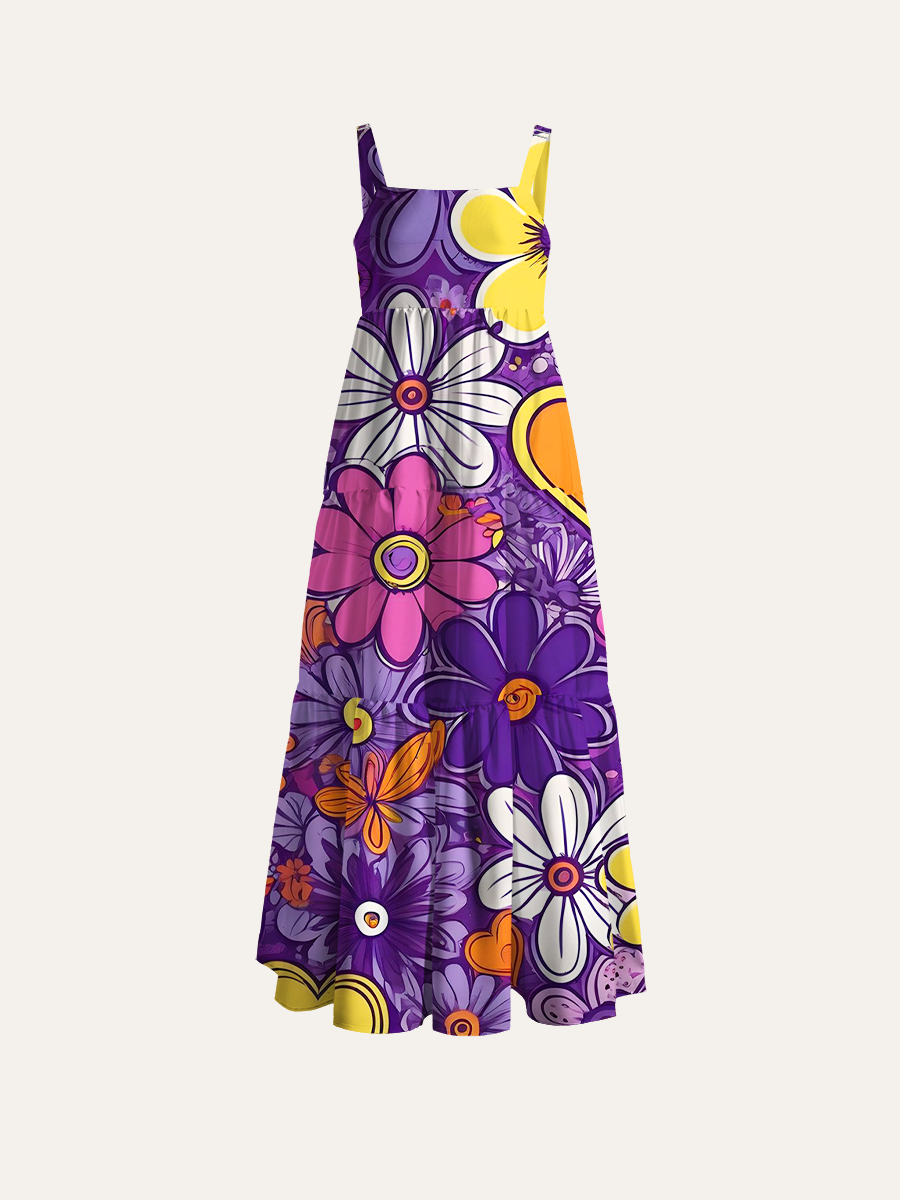 Psychedelic Flower & Heart Adjustable Wide Straps Maxi Dress