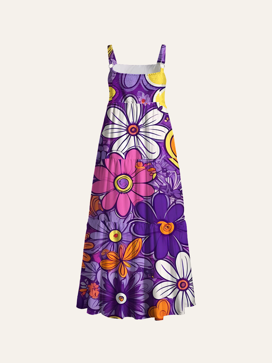 Psychedelic Flower & Heart Adjustable Wide Straps Maxi Dress