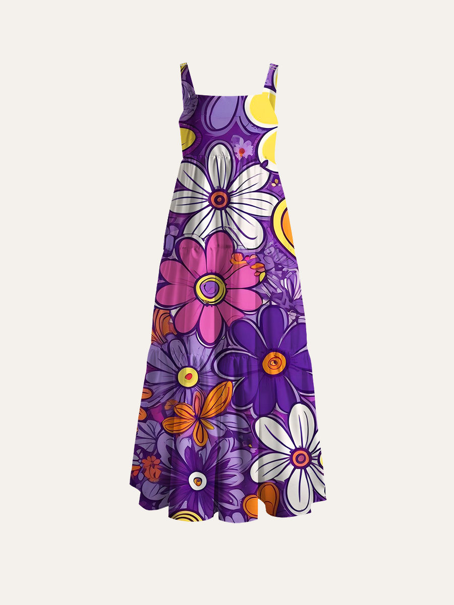 Psychedelic Flower & Heart Adjustable Wide Straps Maxi Dress