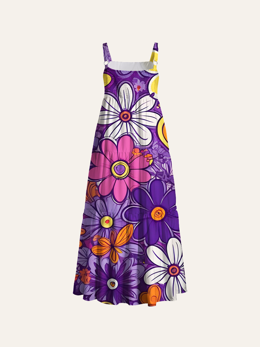 Psychedelic Flower & Heart Adjustable Wide Straps Maxi Dress