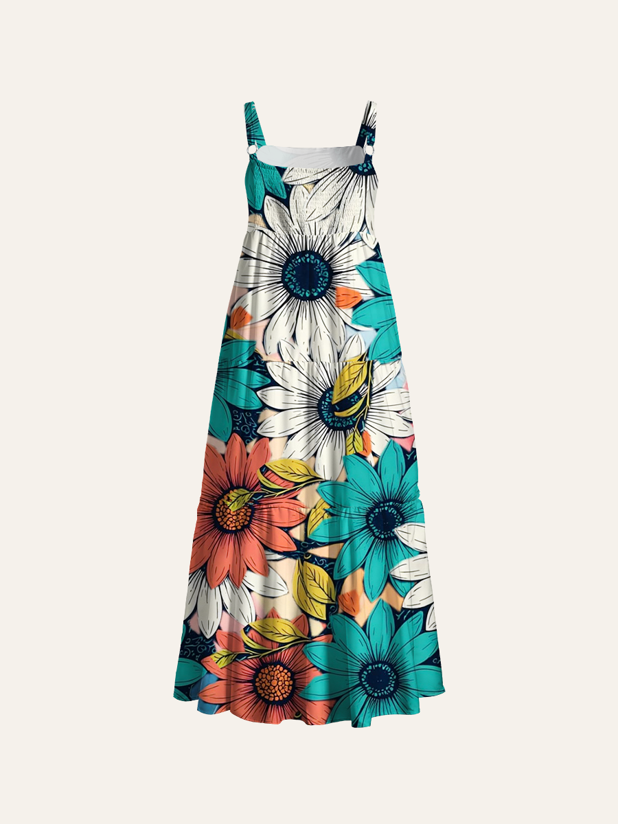 Boho Colorful Flower Adjustable Wide Straps Maxi Dress