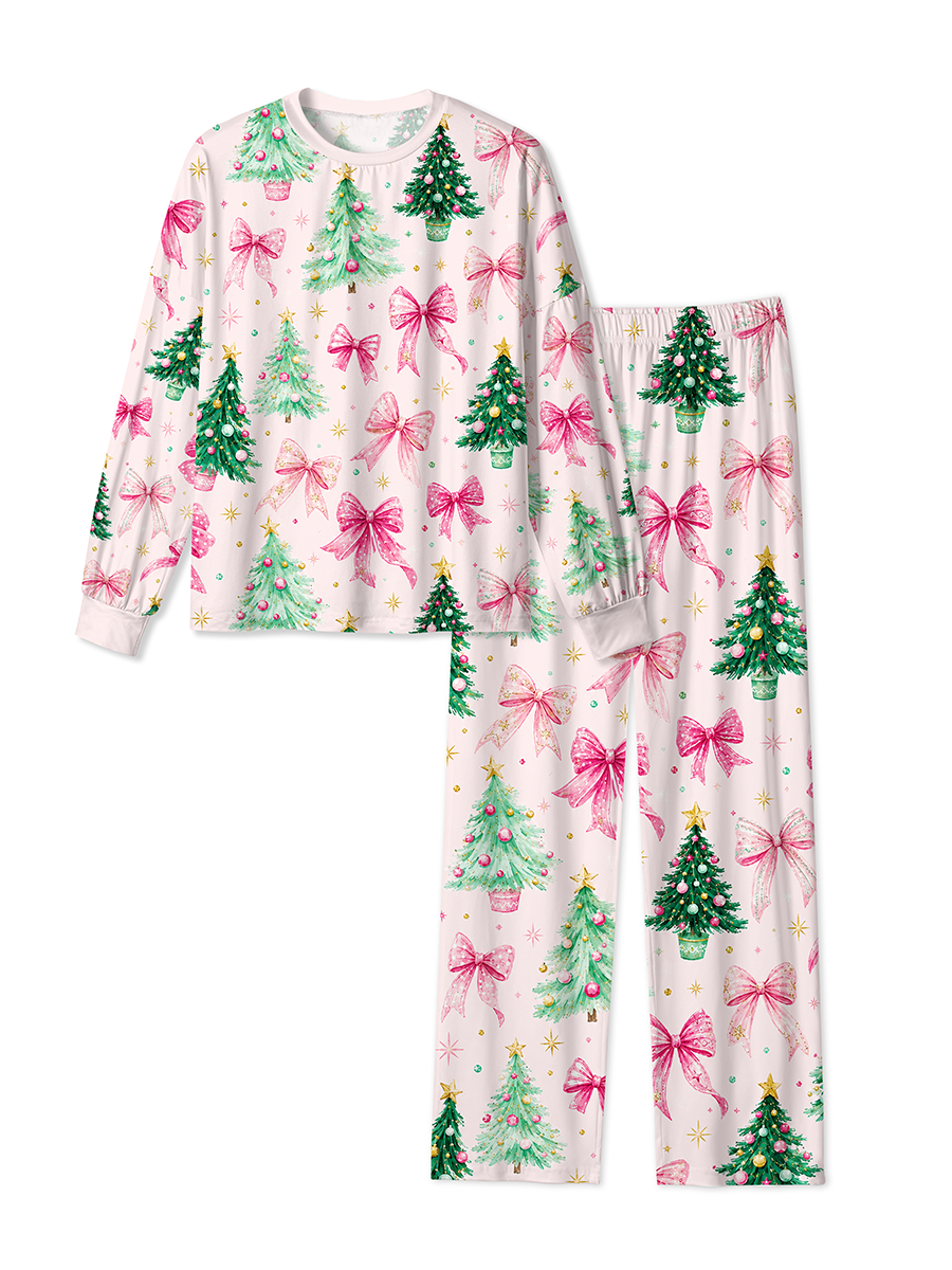 Vintage Pink Bow Christmas Tree Watercolor Mixed Pajamas