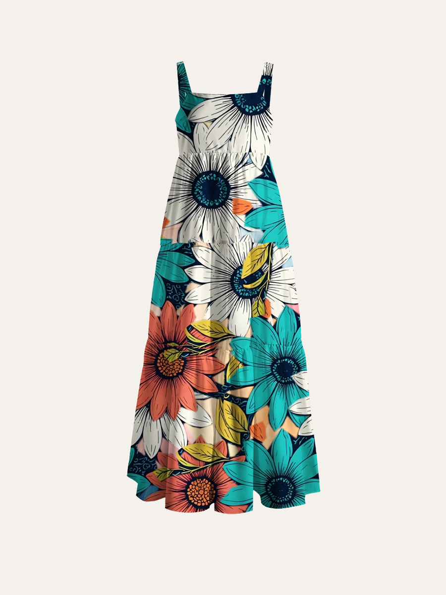 Boho Colorful Flower Adjustable Wide Straps Maxi Dress
