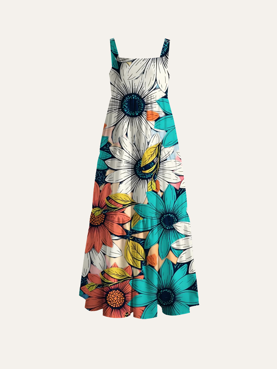 Boho Colorful Flower Adjustable Wide Straps Maxi Dress