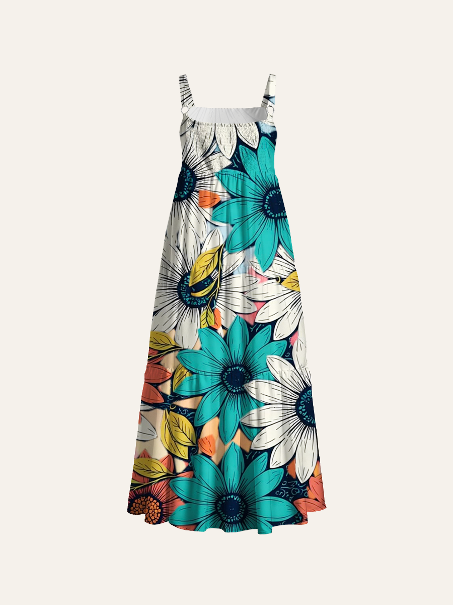Boho Colorful Flower Adjustable Wide Straps Maxi Dress