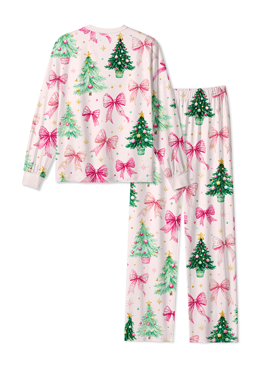 Vintage Pink Bow Christmas Tree Watercolor Mixed Pajamas