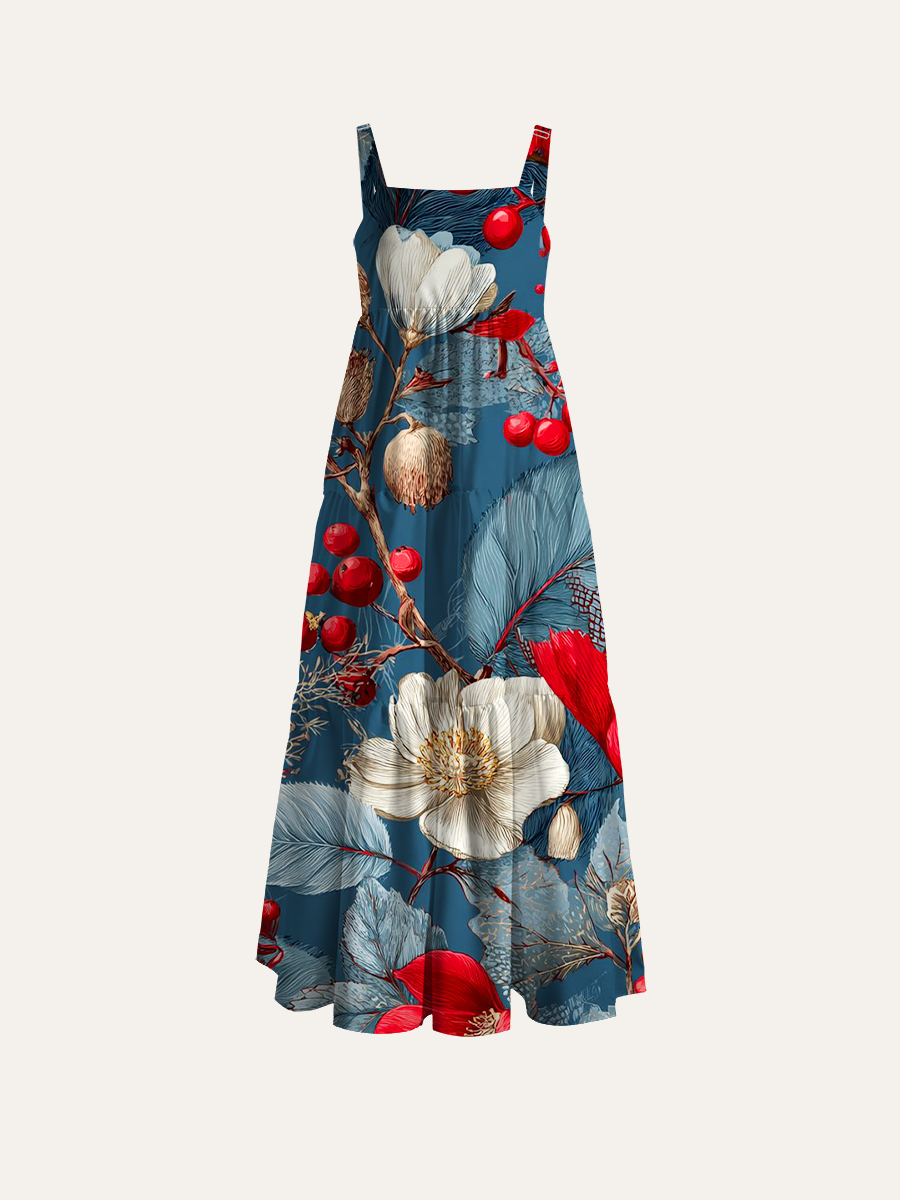 Dark Blue Botanical Floral Adjustable Wide Straps Maxi Dress