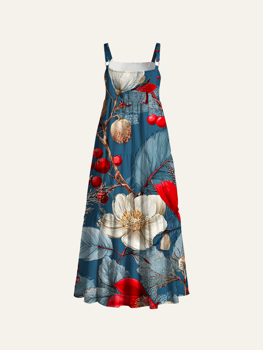 Dark Blue Botanical Floral Adjustable Wide Straps Maxi Dress