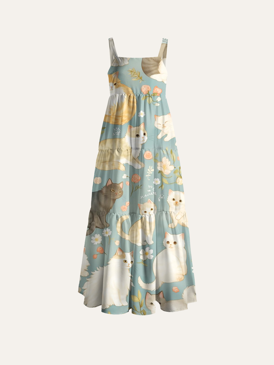 Watercolor Cat & Flower Adjustable Wide Straps Maxi Dress