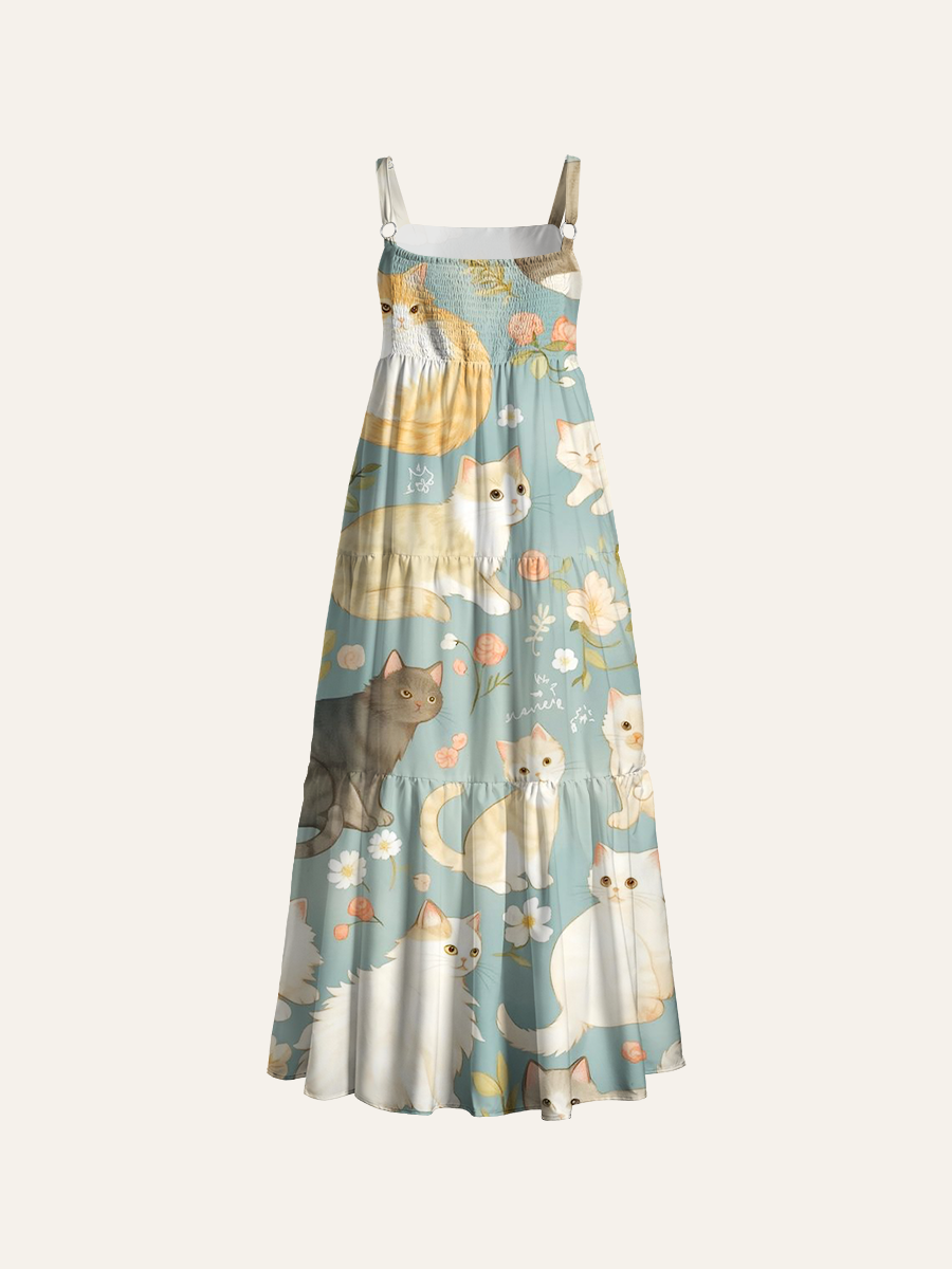 Watercolor Cat & Flower Adjustable Wide Straps Maxi Dress