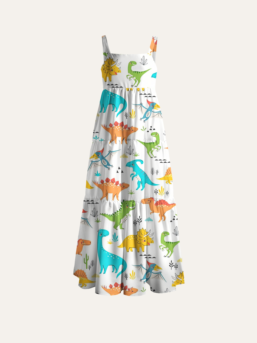 Playful Toddler Dinosaur Adjustable Wide Straps Maxi Dress