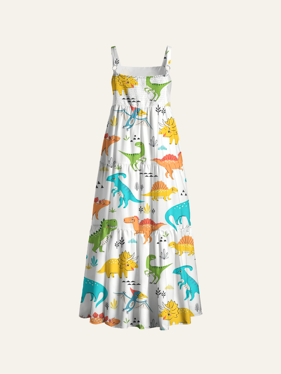 Playful Toddler Dinosaur Adjustable Wide Straps Maxi Dress