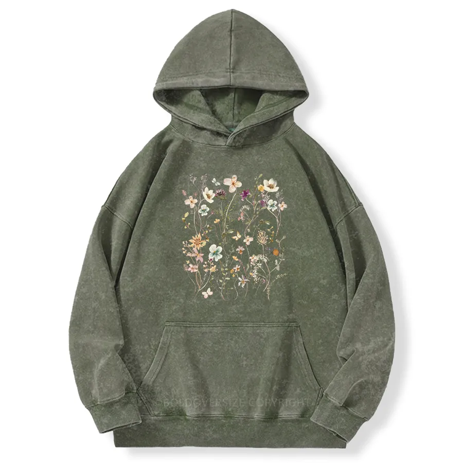 Vintage Boho Wildflowers Cottagecore Washed Hoodie