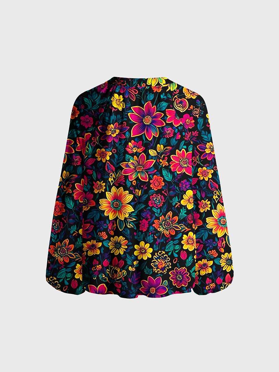 Psychedelic Neon Floral Print Neck Tie Blouse