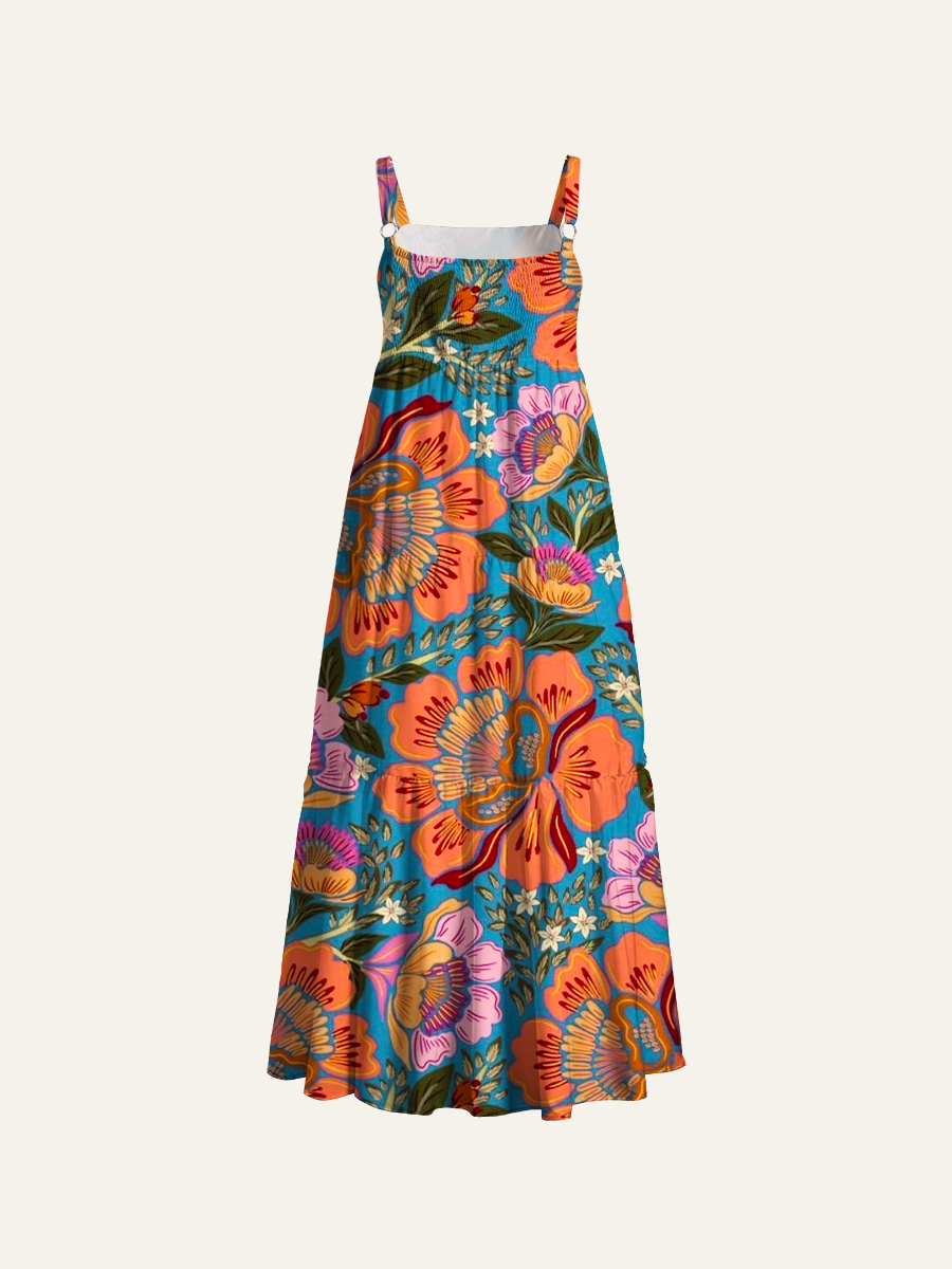 Bohemian Folk Flora Adjustable Wide Straps Maxi Dress