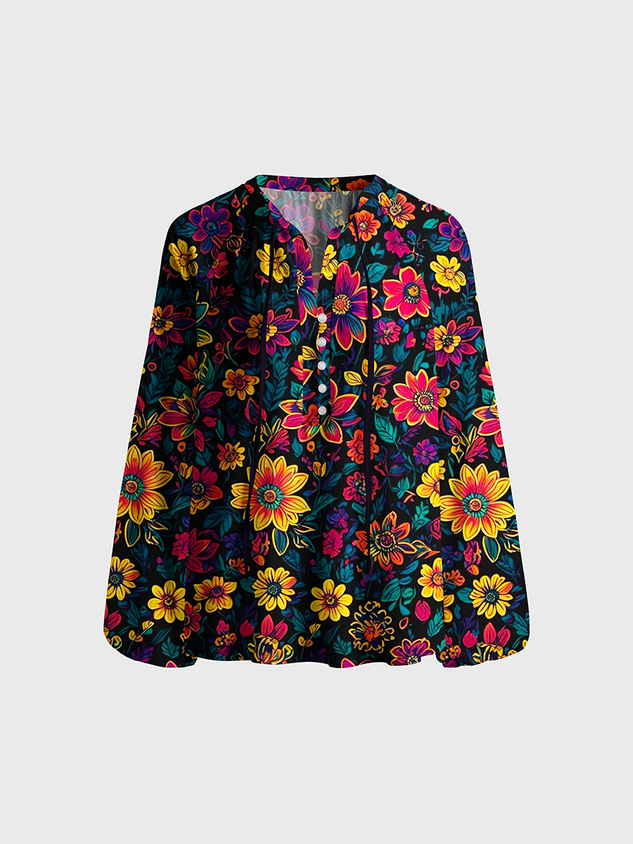 Psychedelic Neon Floral Print Neck Tie Blouse