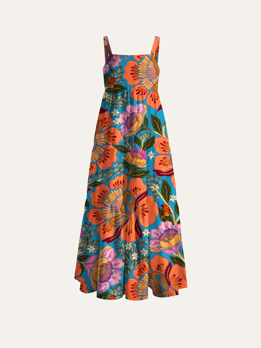 Bohemian Folk Flora Adjustable Wide Straps Maxi Dress