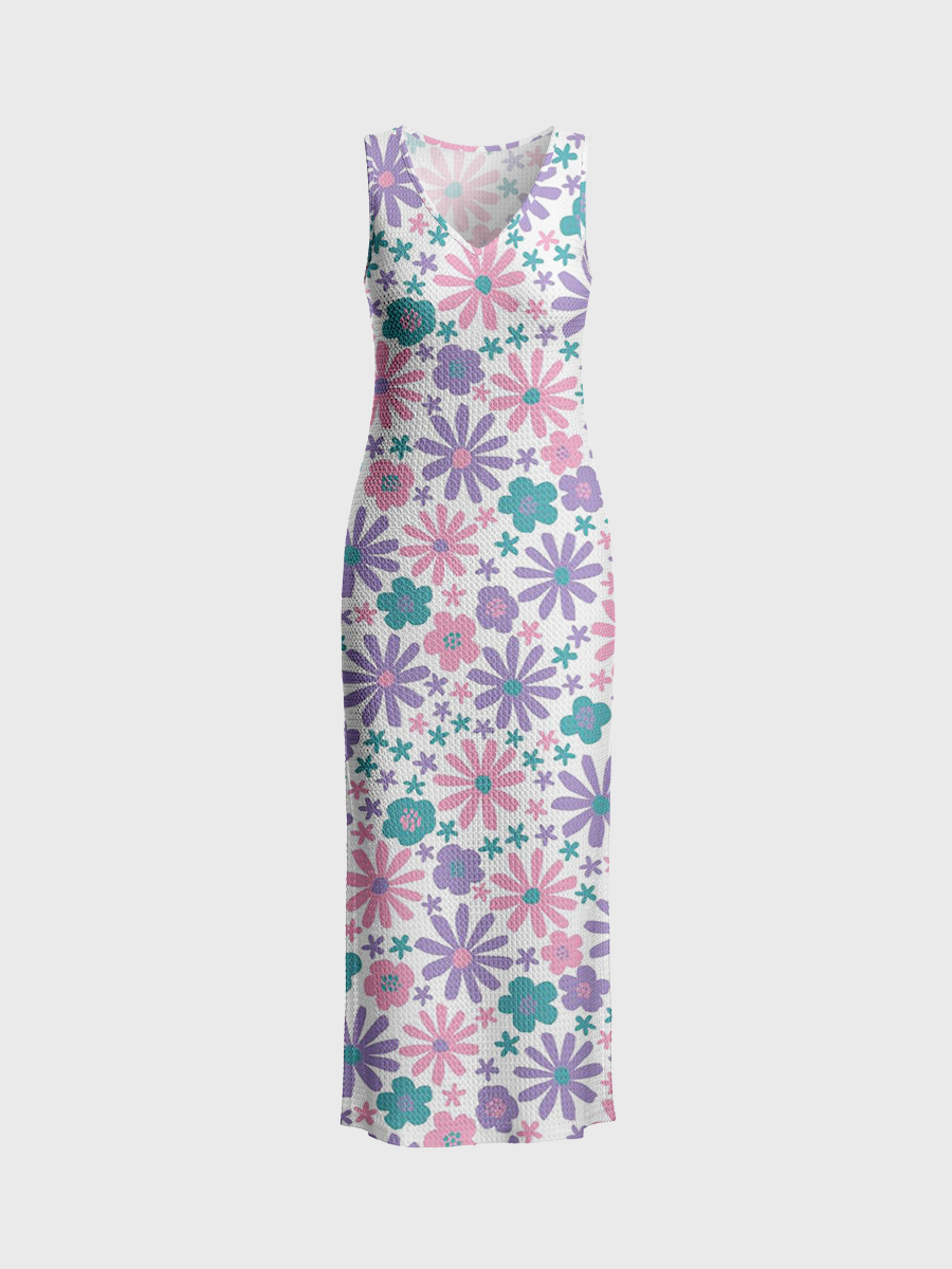 Vintage Pastel Purple Pink Teal Daisy Open Stitch Midi Dress