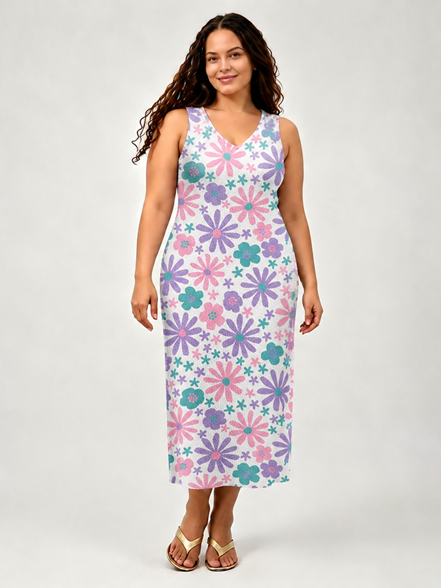 Vintage Pastel Purple Pink Teal Daisy Open Stitch Midi Dress