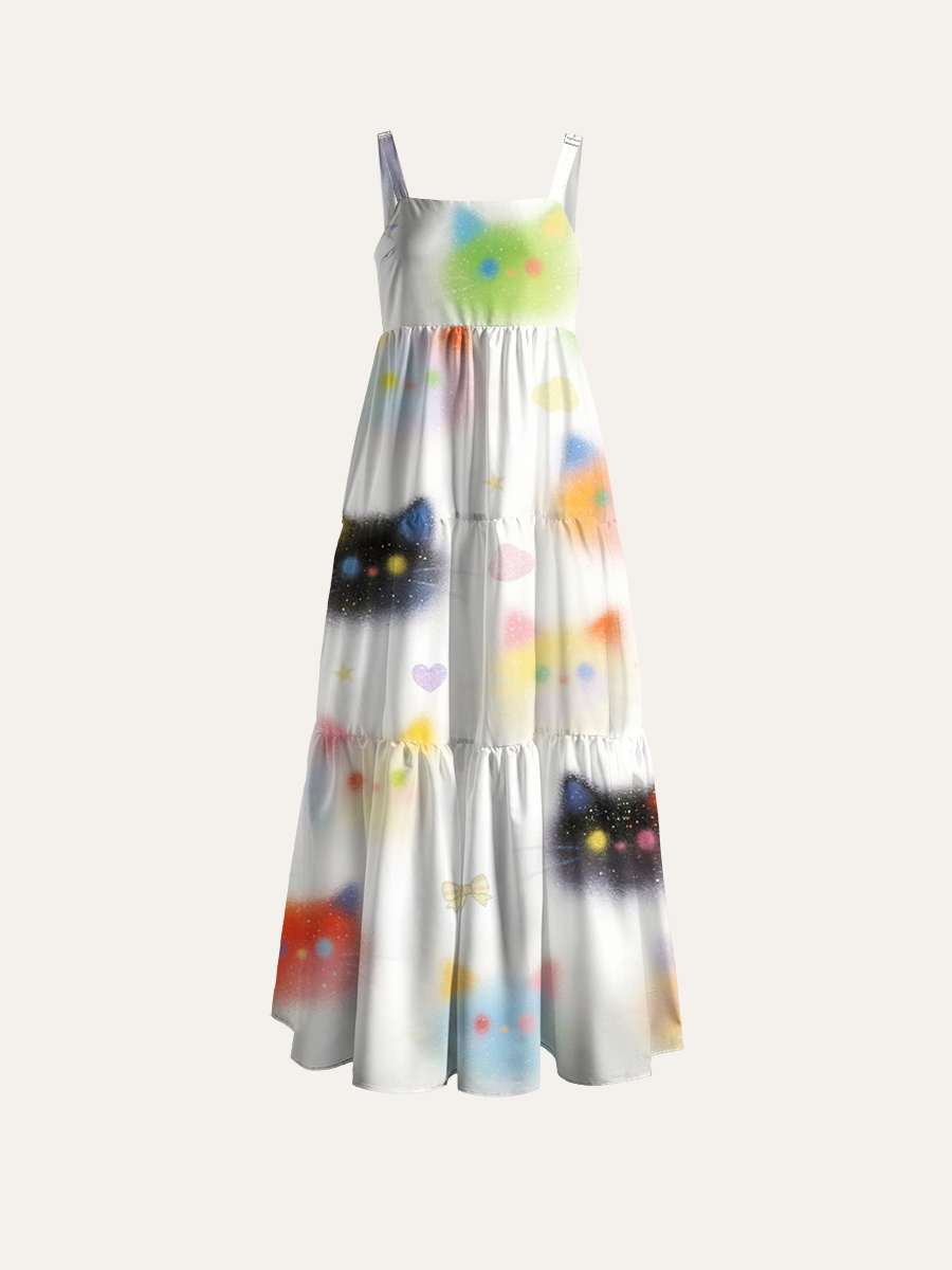Glitter Starry Cat Adjustable Wide Straps Maxi Dress