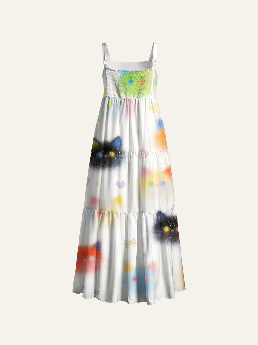 Glitter Starry Cat Adjustable Wide Straps Maxi Dress