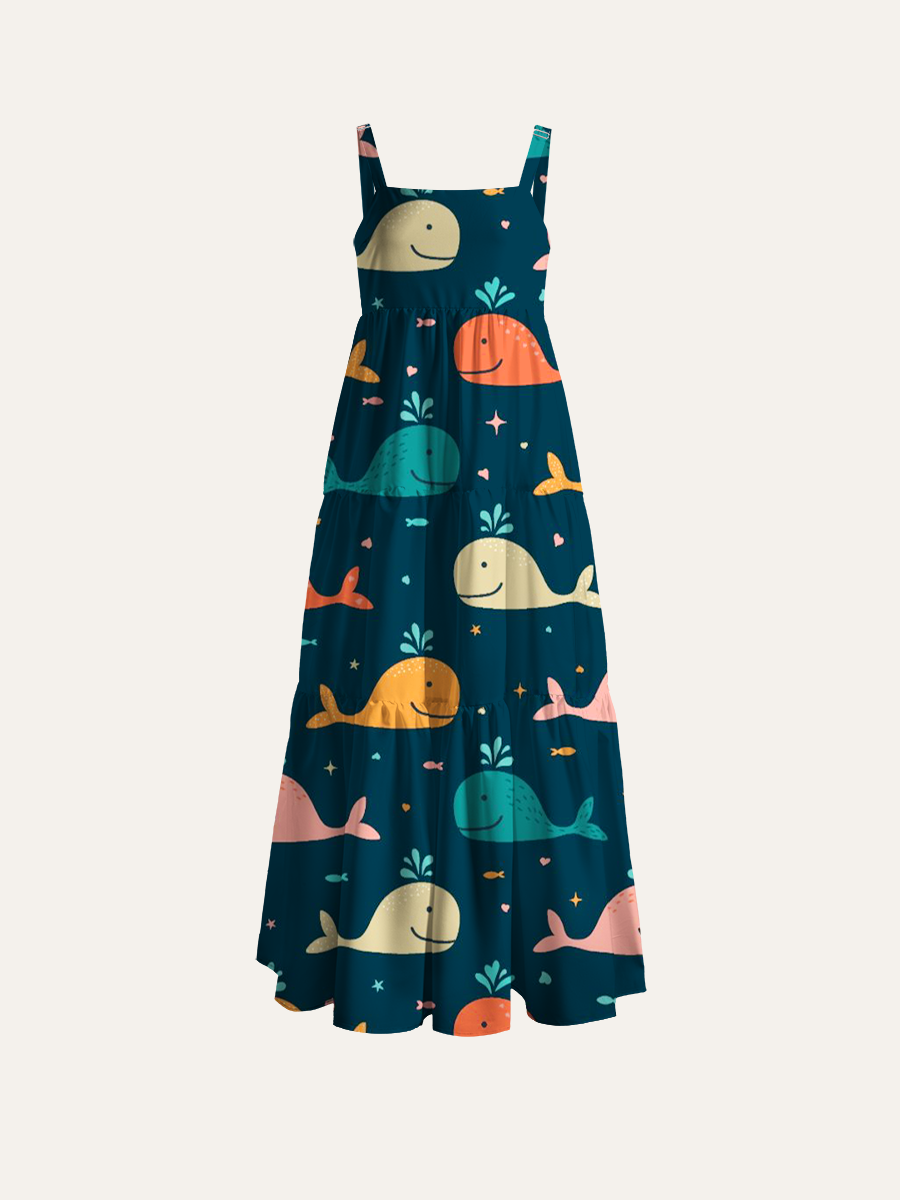 Kids' Ocean Whale Adjustable Wide Straps Maxi Dress
