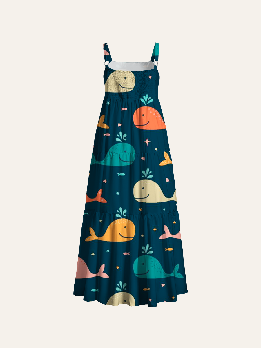 Kids' Ocean Whale Adjustable Wide Straps Maxi Dress