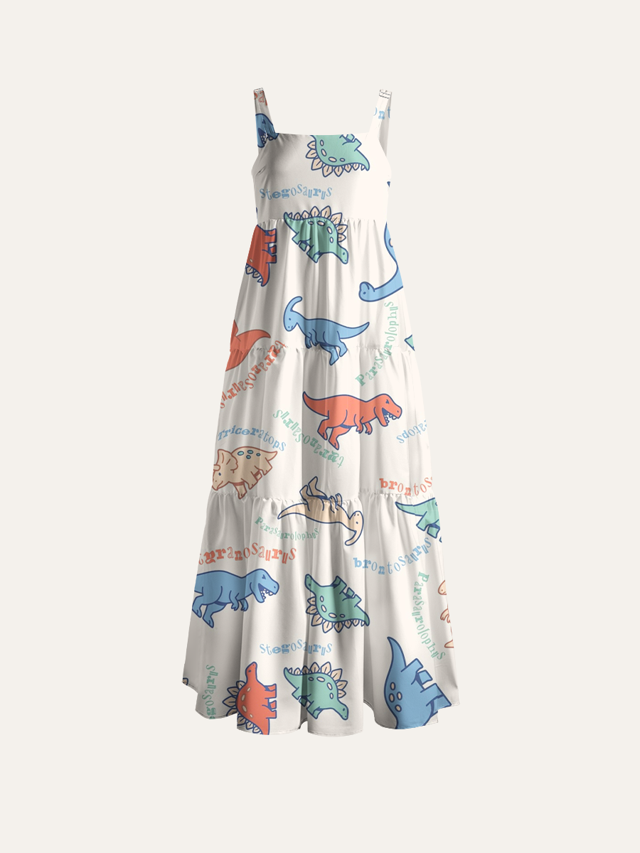 Cartoon Dino Names Allover Adjustable Wide Straps Maxi Dress