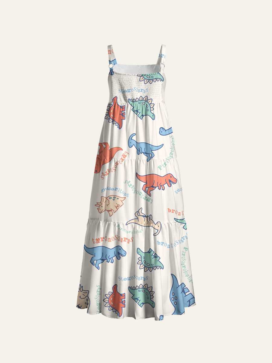 Cartoon Dino Names Allover Adjustable Wide Straps Maxi Dress
