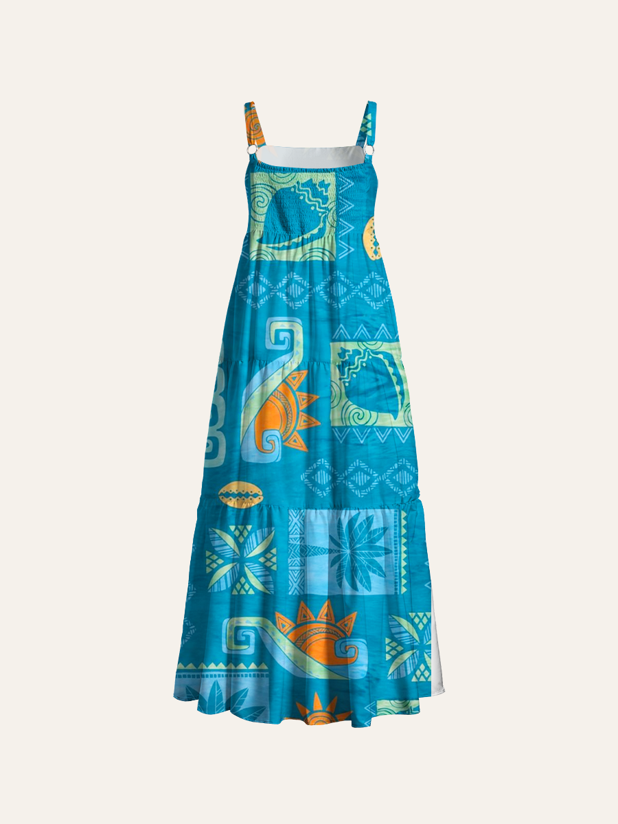 Polynesian Ethnic Adjustable Wide Straps Maxi Dress