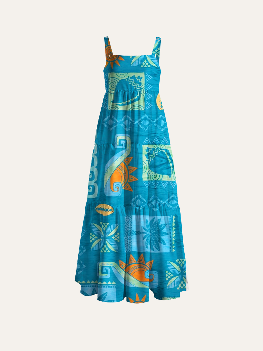 Polynesian Ethnic Adjustable Wide Straps Maxi Dress