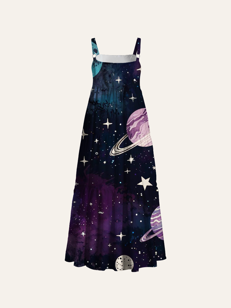 Celestial Space Night Sky Adjustable Wide Straps Maxi Dress