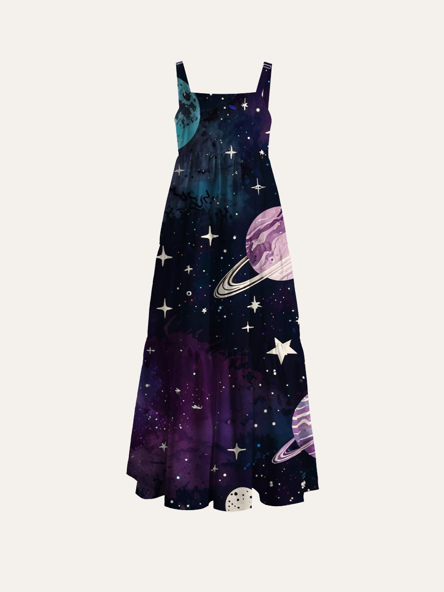 Celestial Space Night Sky Adjustable Wide Straps Maxi Dress