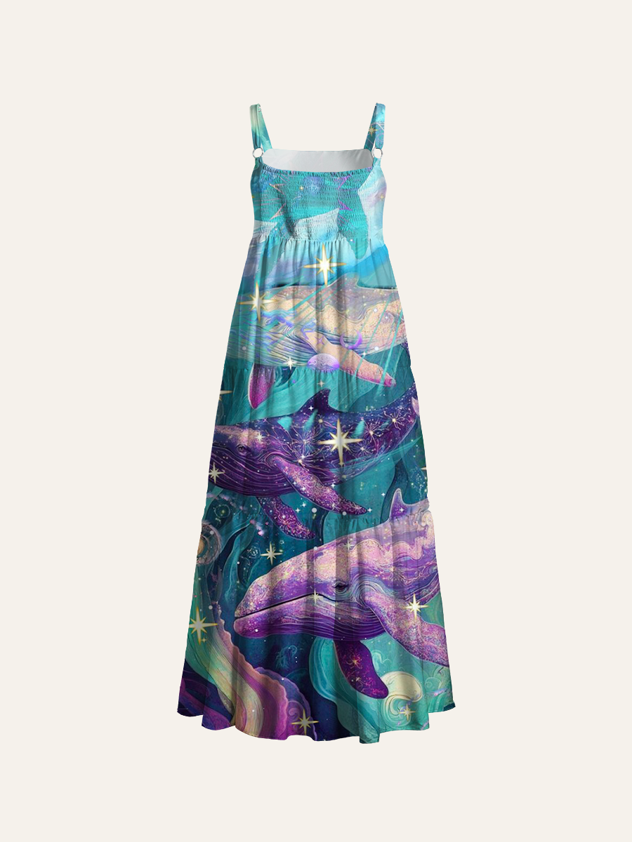 Ethereal Ocean Galaxy Whale Adjustable Wide Straps Maxi Dress