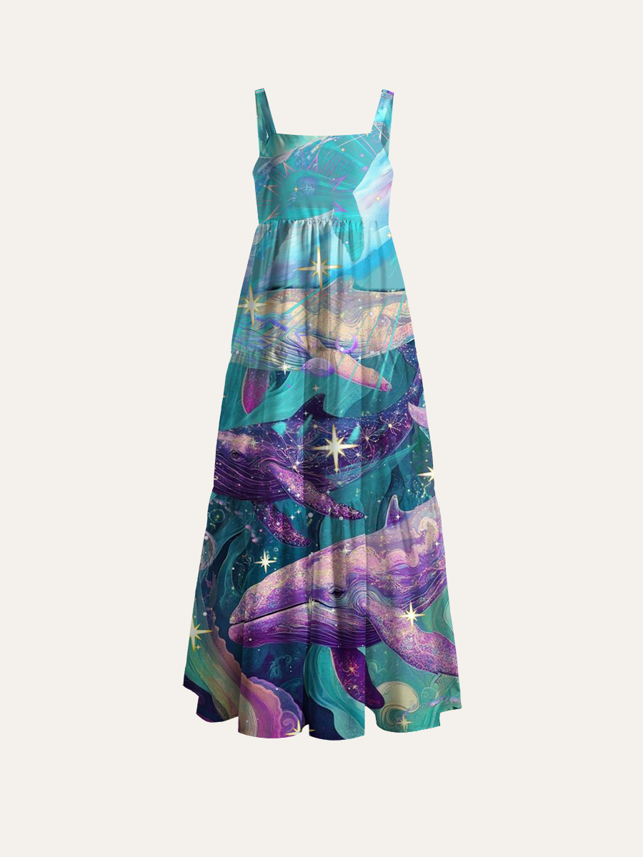 Ethereal Ocean Galaxy Whale Adjustable Wide Straps Maxi Dress
