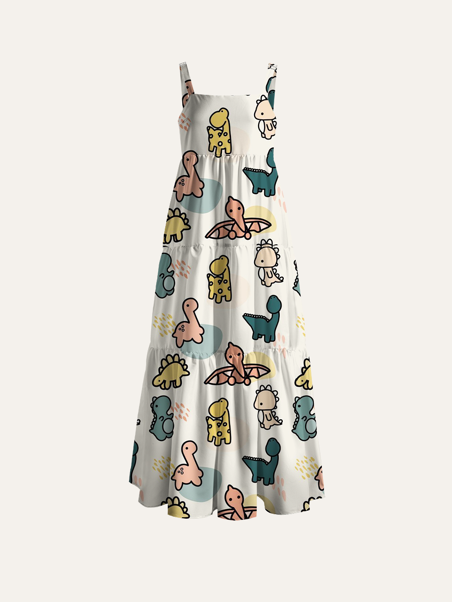 Cute Baby Dino Adjustable Wide Straps Maxi Dress