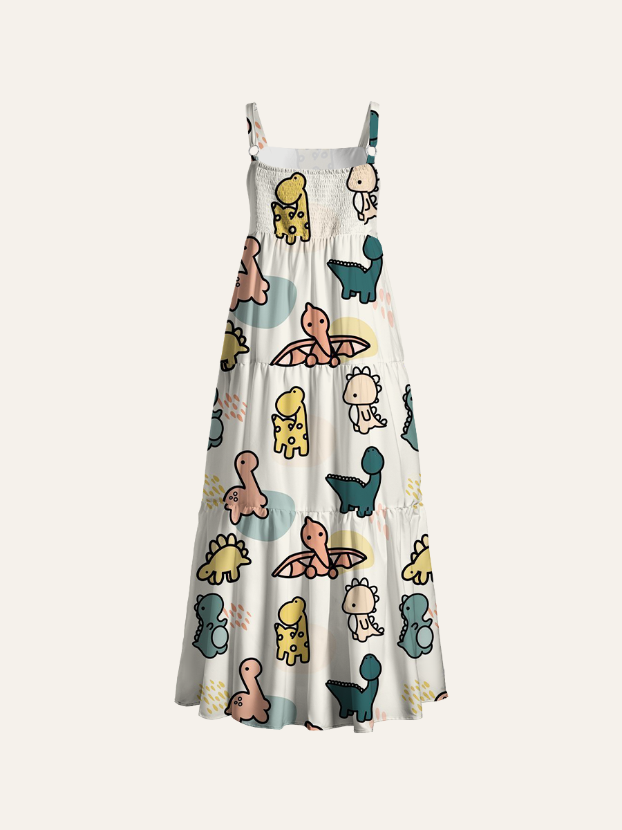 Cute Baby Dino Adjustable Wide Straps Maxi Dress