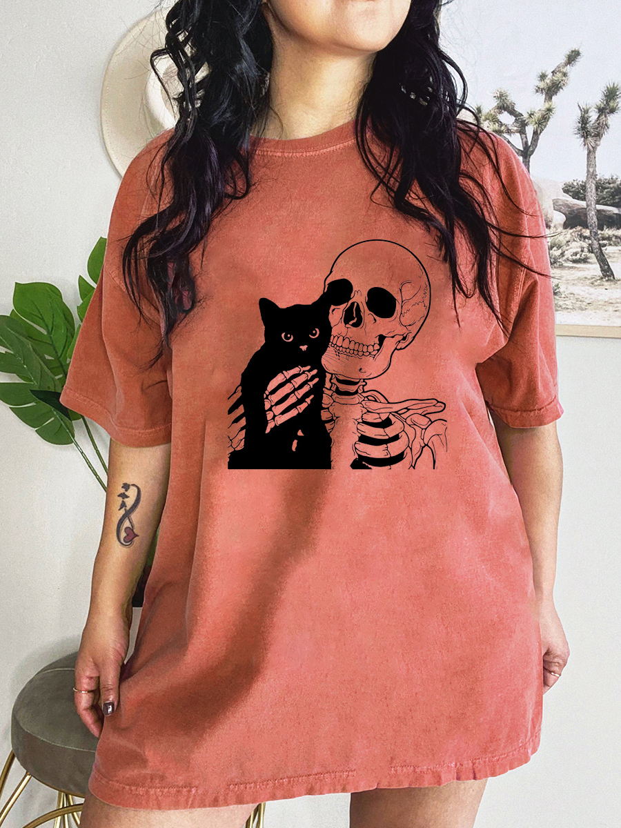 Plus Size Skeleton And Cat T-Shirt