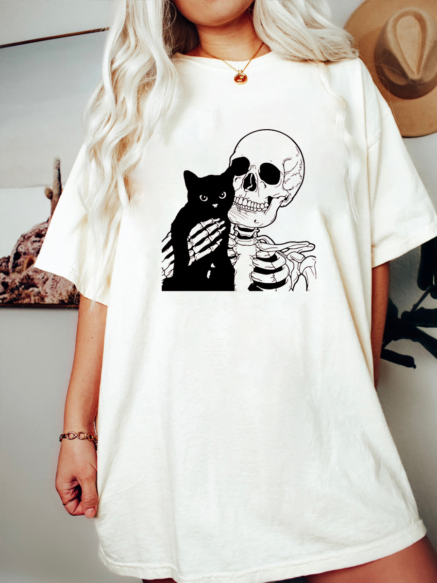 Plus Size Skeleton And Cat T-Shirt