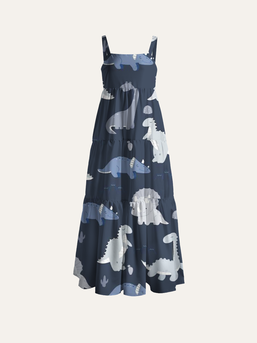Night Blue Dinosaur Adjustable Wide Straps Maxi Dress